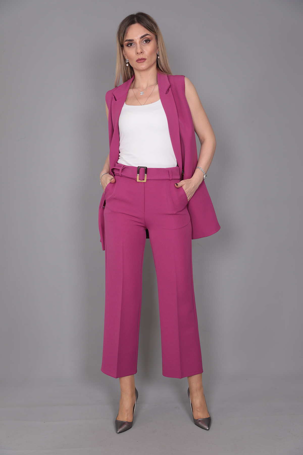  Midi Boy Klasik Yelek & Kısa Bol Paça Pantolon-Fuşya