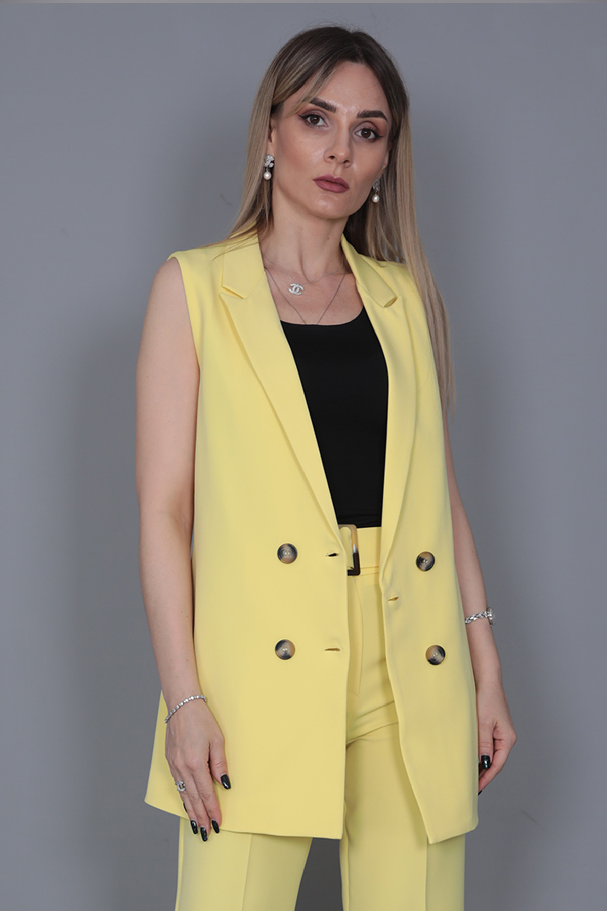 Erkek Yaka Kuruvaze Klasik Yelek-Sarı