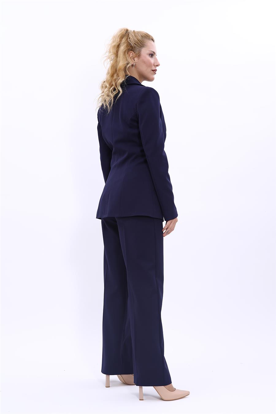  Tek Düğmeli Klasik Blazer Ceket & Bol Paça Pantolon Kadın Takım Elbise-Lacivert