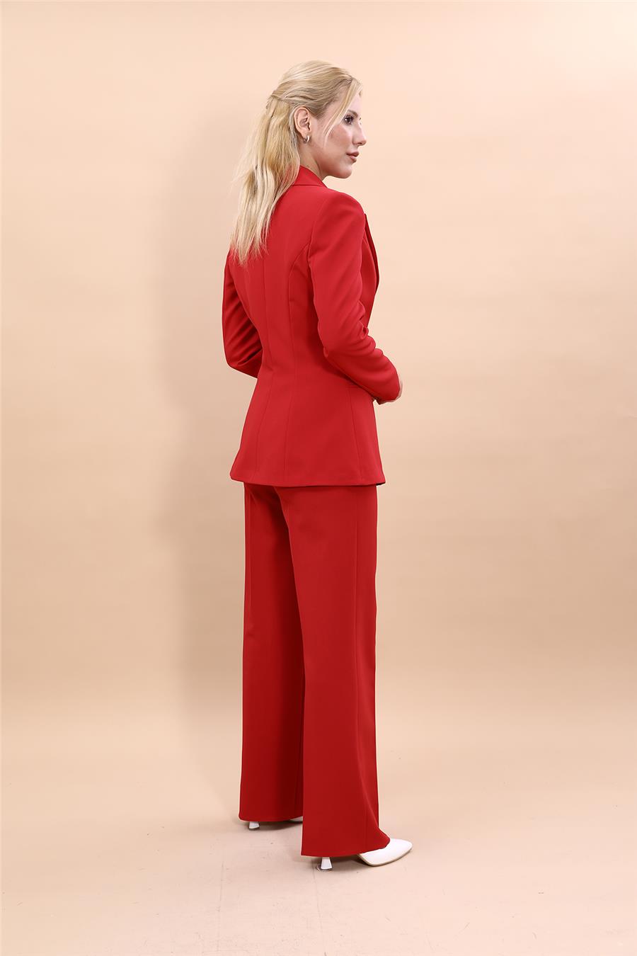  Tek Düğmeli Klasik Blazer Ceket & Bol Paça Pantolon Kadın Takım Elbise-Kırmızı