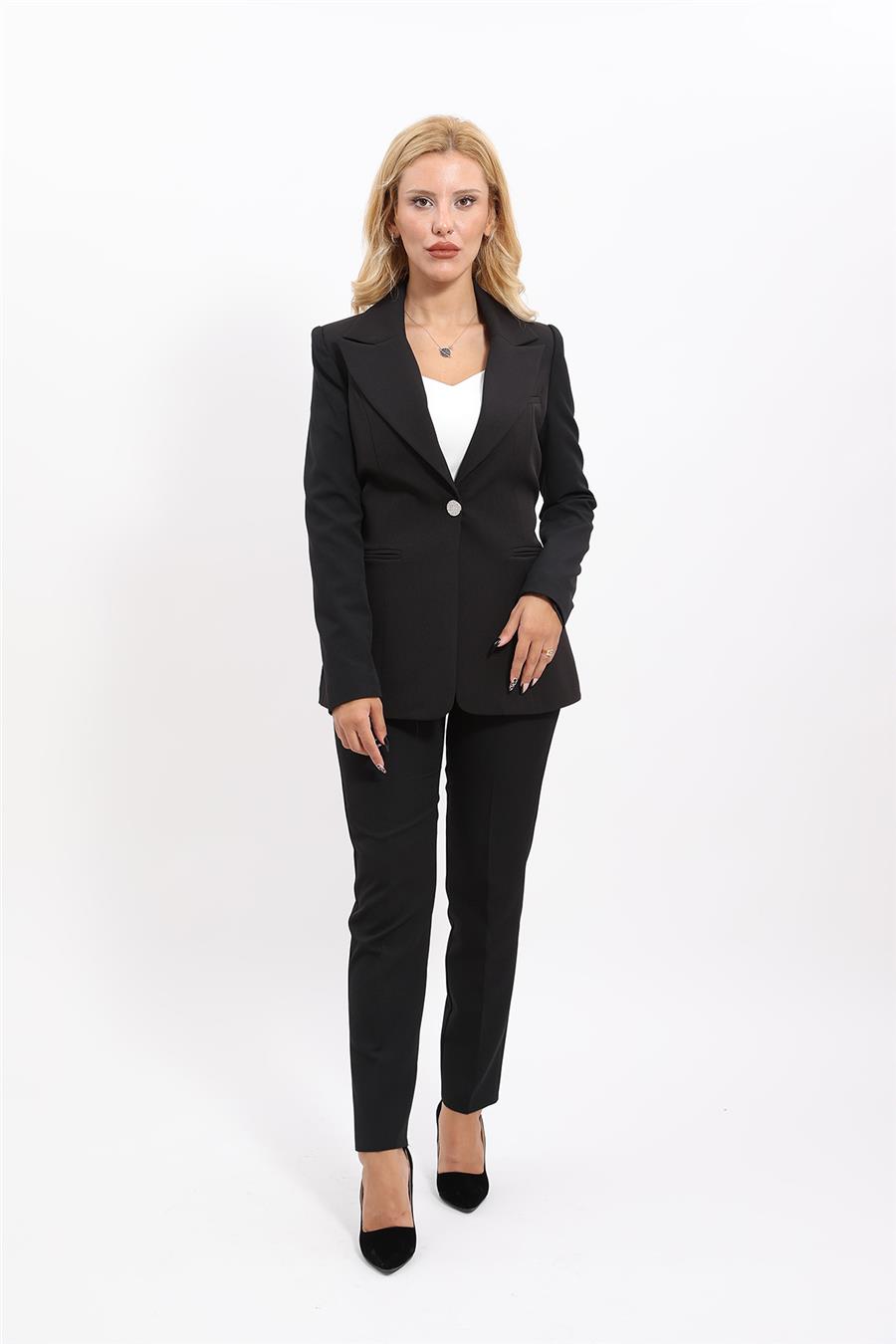   Tek Düğmeli Klasik Blazer Ceket &  Dar Paça Pantolon Kadın Takım Elbise -Siyah