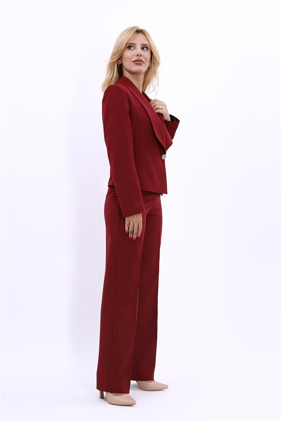 Amerikan Yaka Kısa Klasik Ceket & Bol Paça Pantolon-Bordo - 1032520