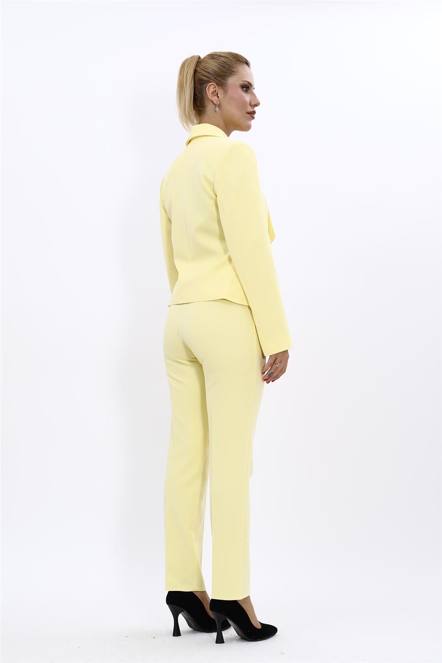 Amerikan Yaka Kısa Klasik Ceket & Dar Paça Pantolon-Sarı - 1032510