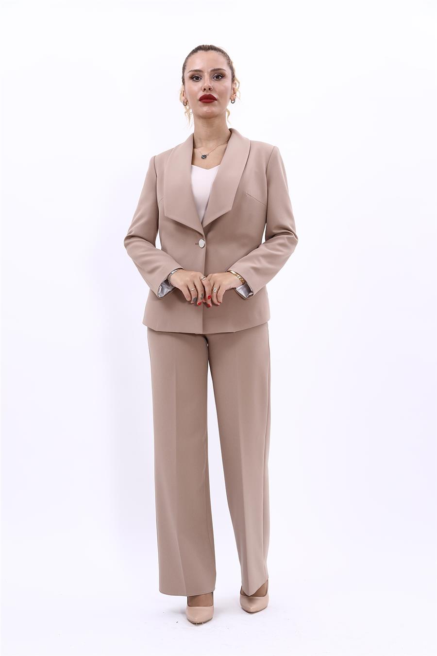 Amerikan Yaka Klasik Ceket & Bol Paça Pantolon-Taş - 1029520