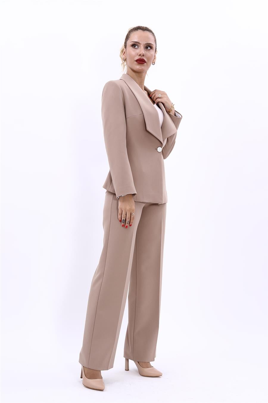Amerikan Yaka Klasik Ceket & Bol Paça Pantolon-Taş - 1029520