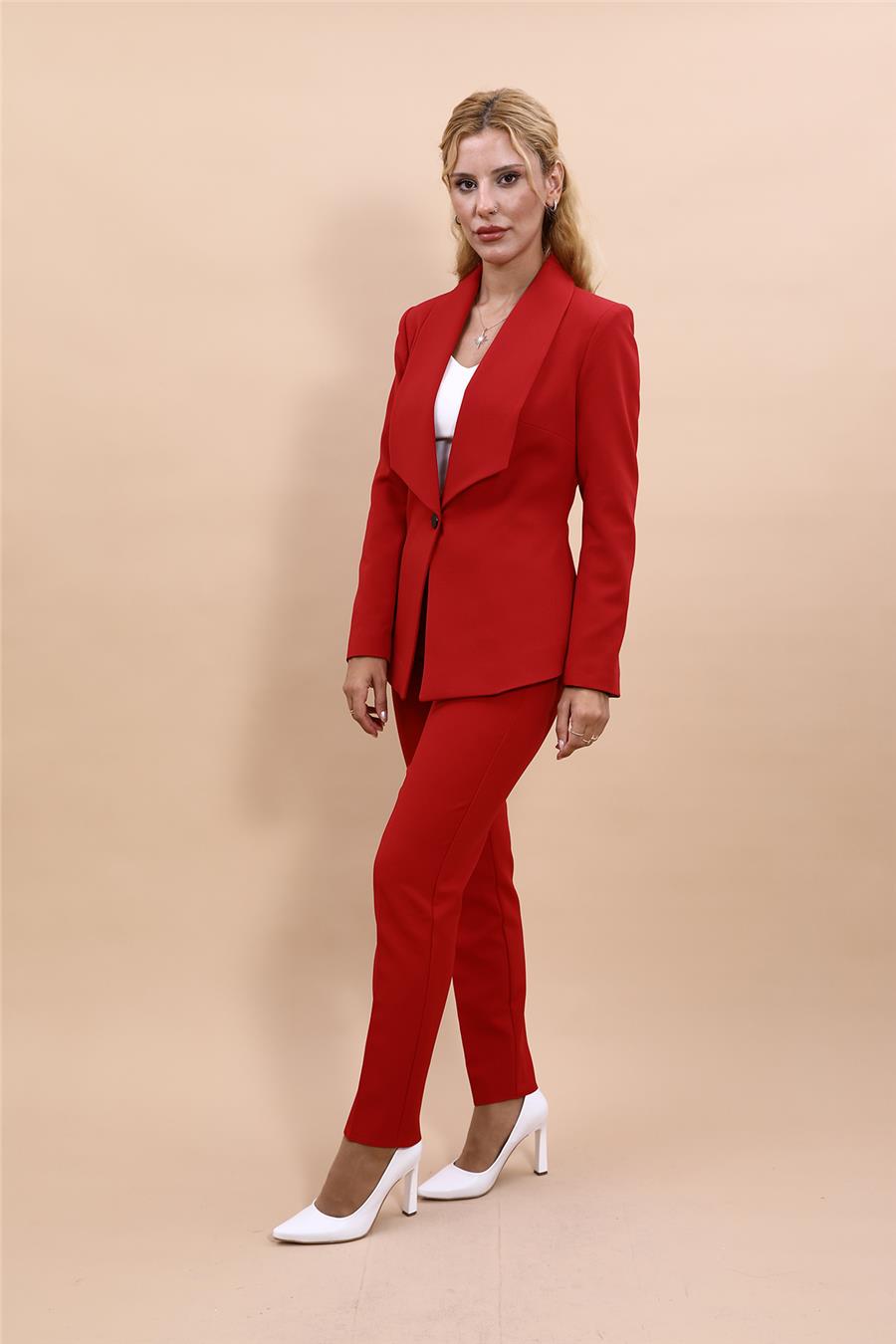 Amerikan Yaka Klasik Ceket & Dar Paça Pantolon-Kırmızı - 1029510