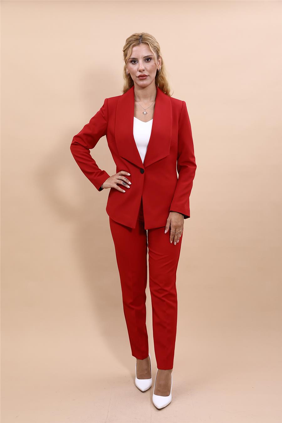 Amerikan Yaka Klasik Ceket & Dar Paça Pantolon-Kırmızı - 1029510