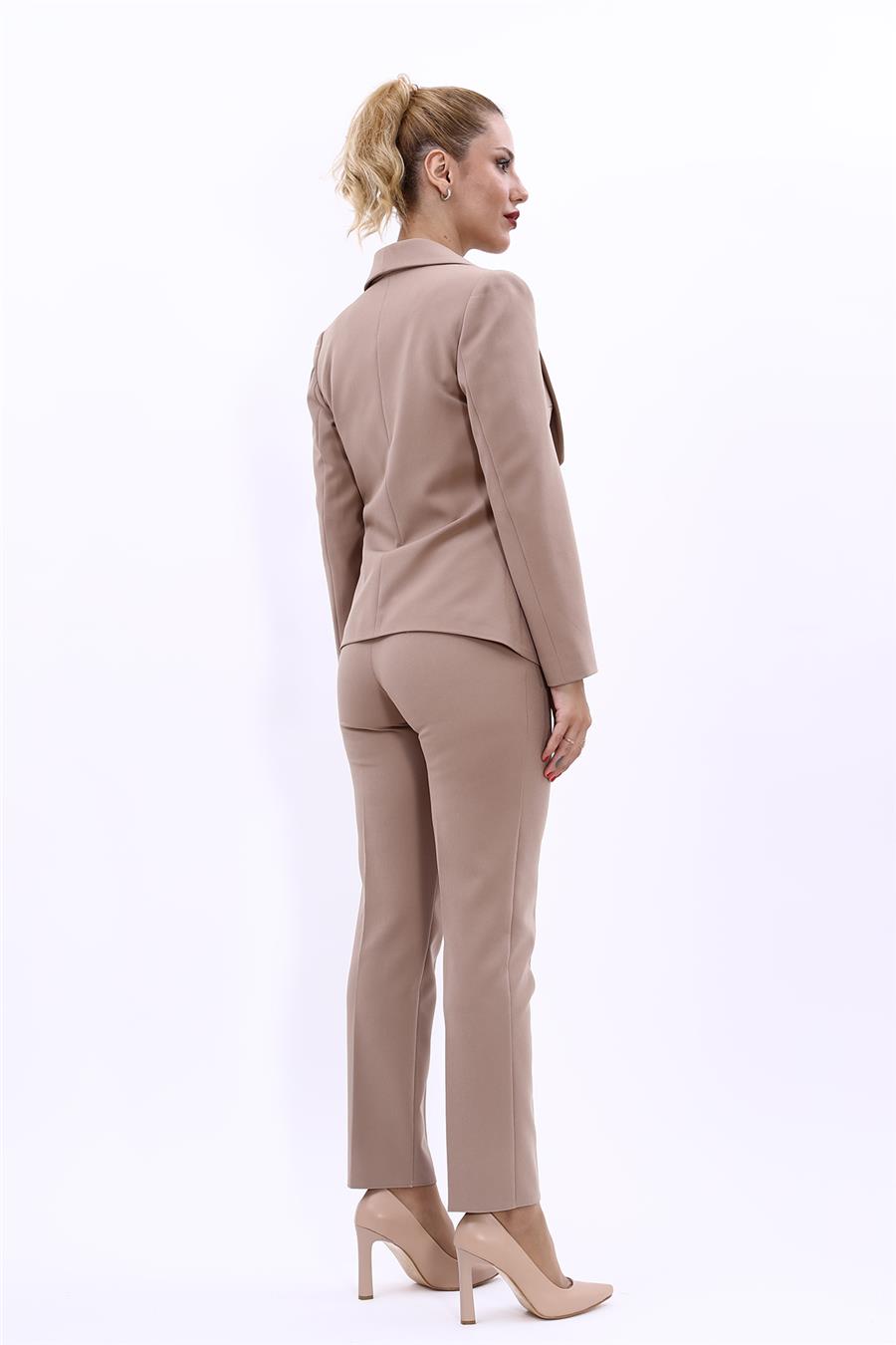 Amerikan Yaka Klasik Ceket & Dar Paça Pantolon-Taş - 1029510