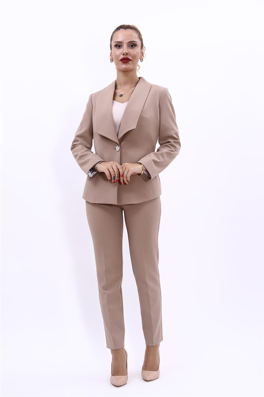 Amerikan Yaka Klasik Ceket & Dar Paça Pantolon-Taş - 1029510