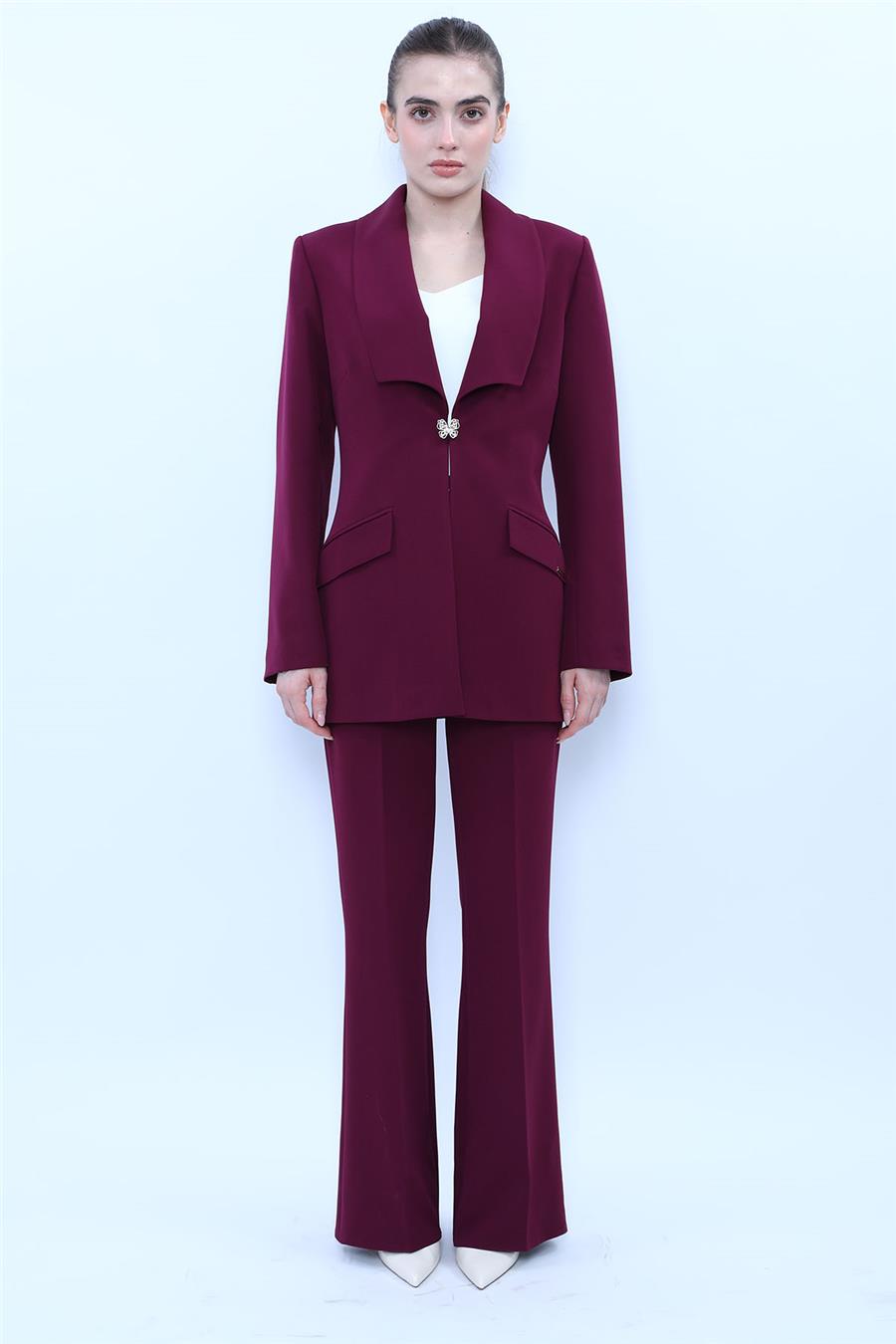 Amerikan Yaka Modern Uzun Ceket & Cepli İspanyol Paça Pantolon Kadın Takım Elbise-Mürdüm - 1187506