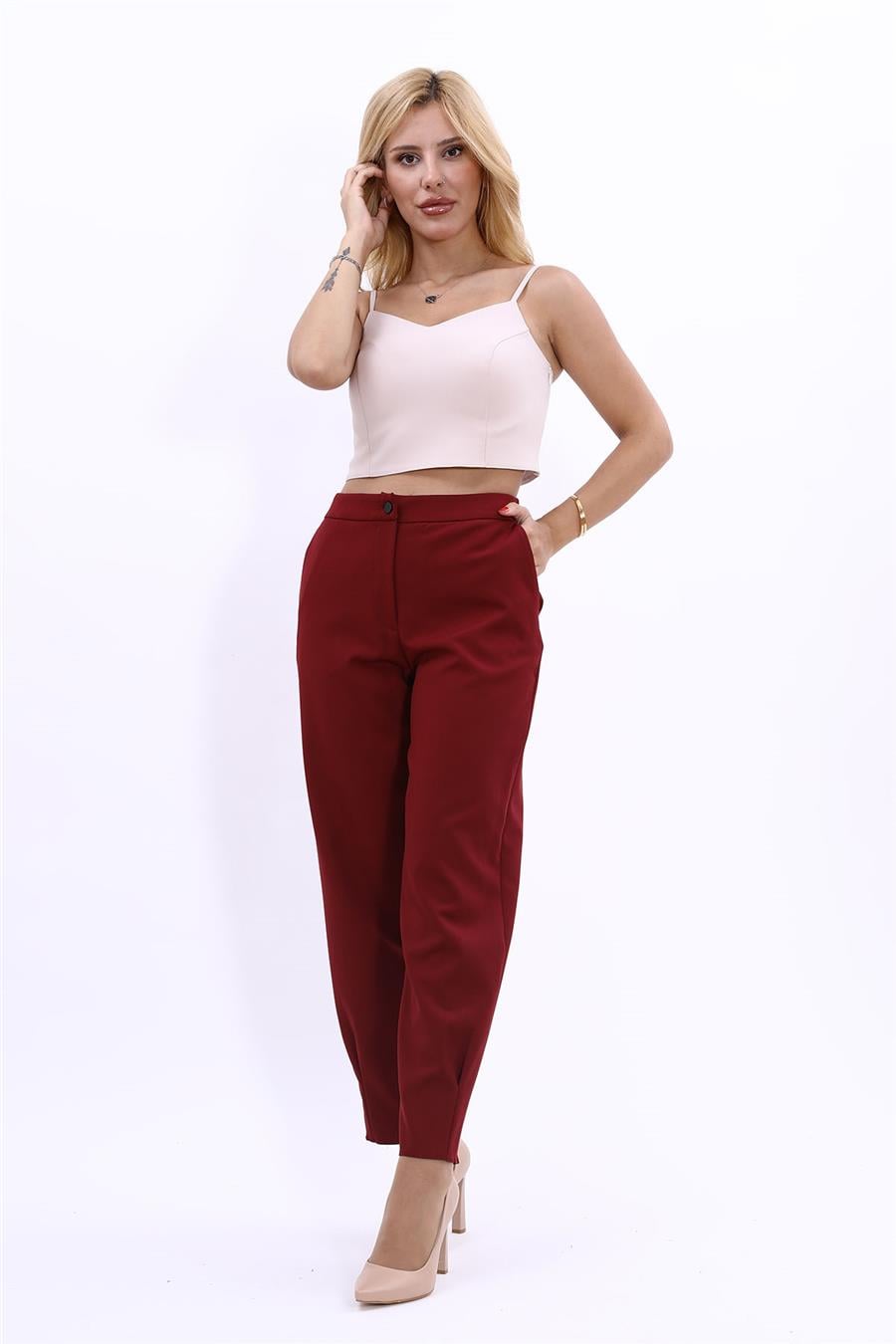 Arkası Lastikli Cepli Spor Kadın Pantolon-Bordo