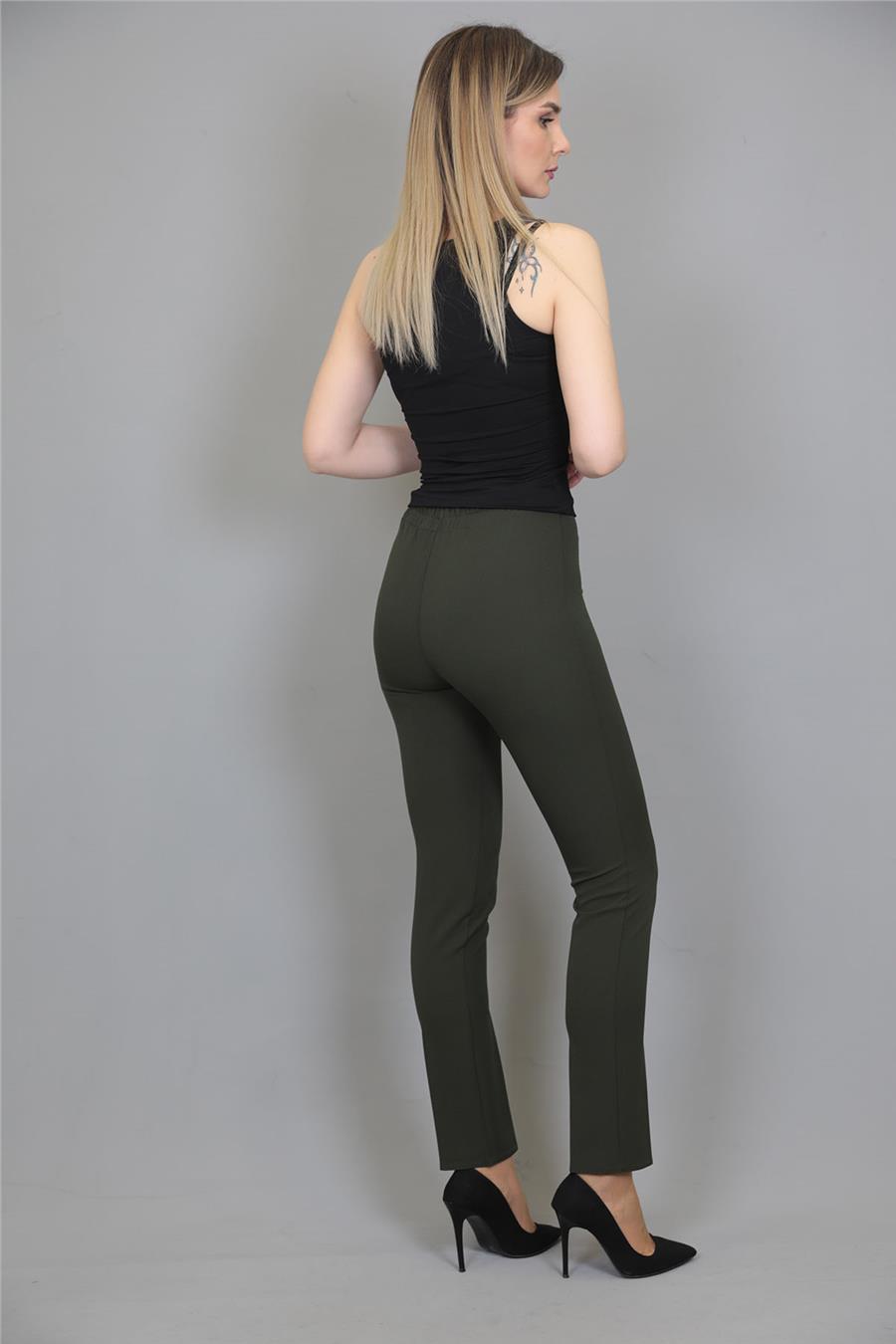 Beli Lastikli Rahat Dar Paça Kadın Pantolon-Haki