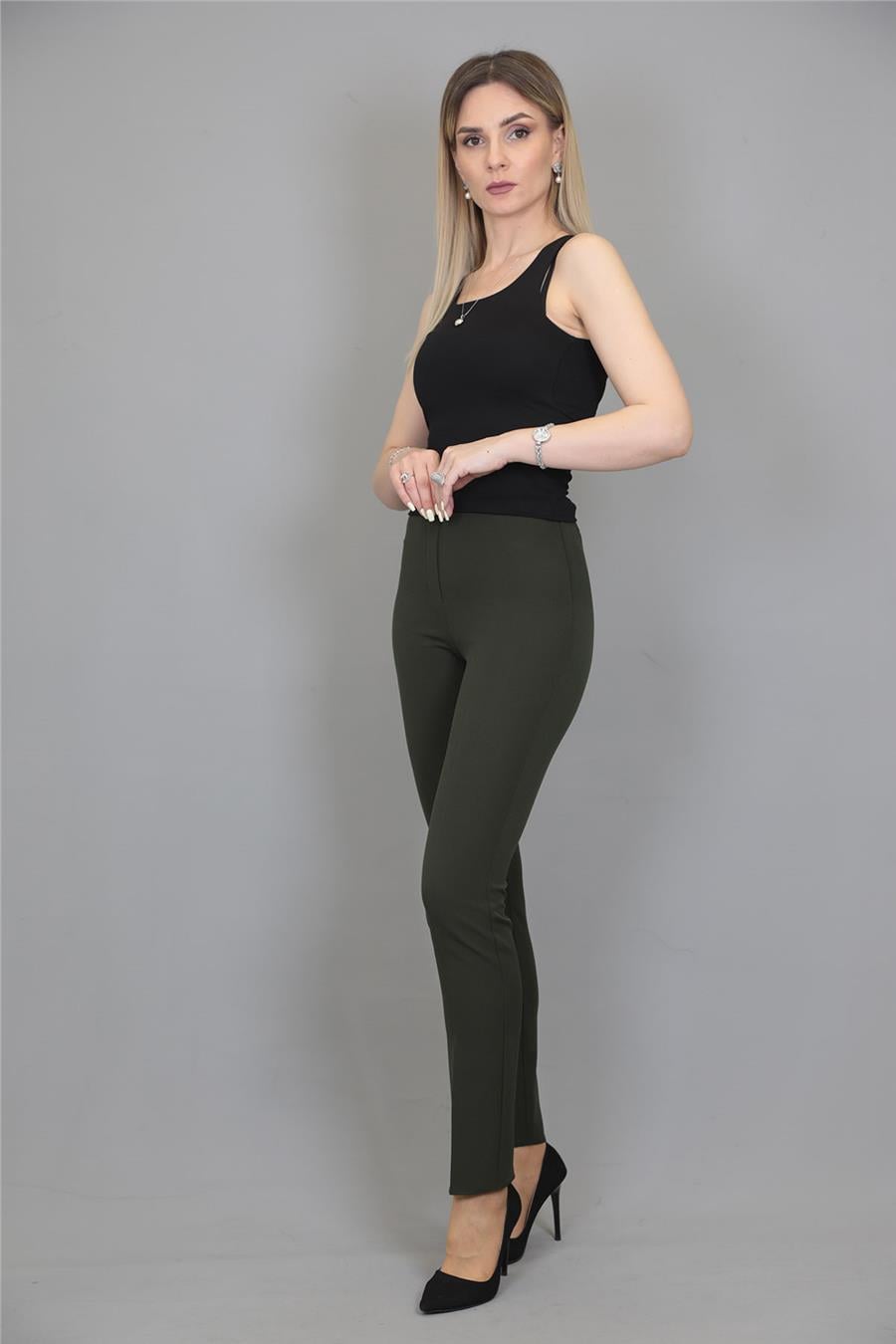 Beli Lastikli Rahat Dar Paça Kadın Pantolon-Haki