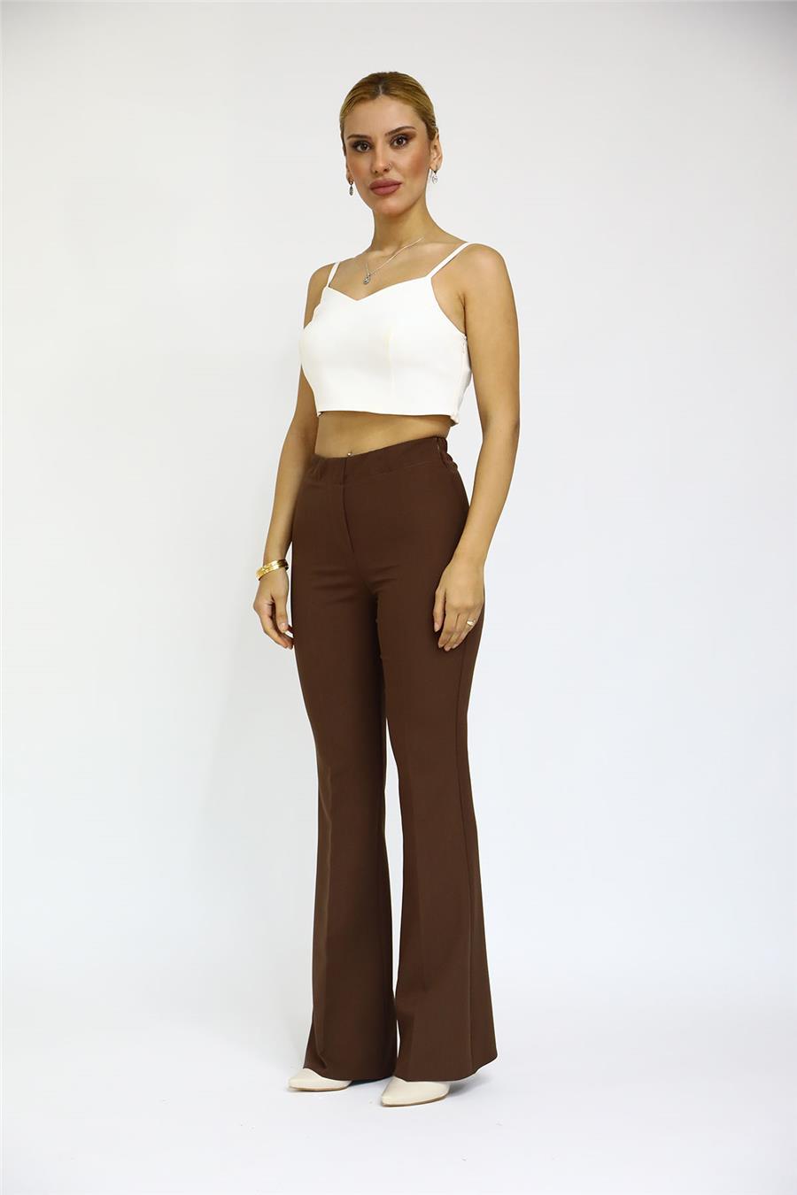 Beli Lastikli Rahat İspanyol Paça Kadın Pantolon-Kestane