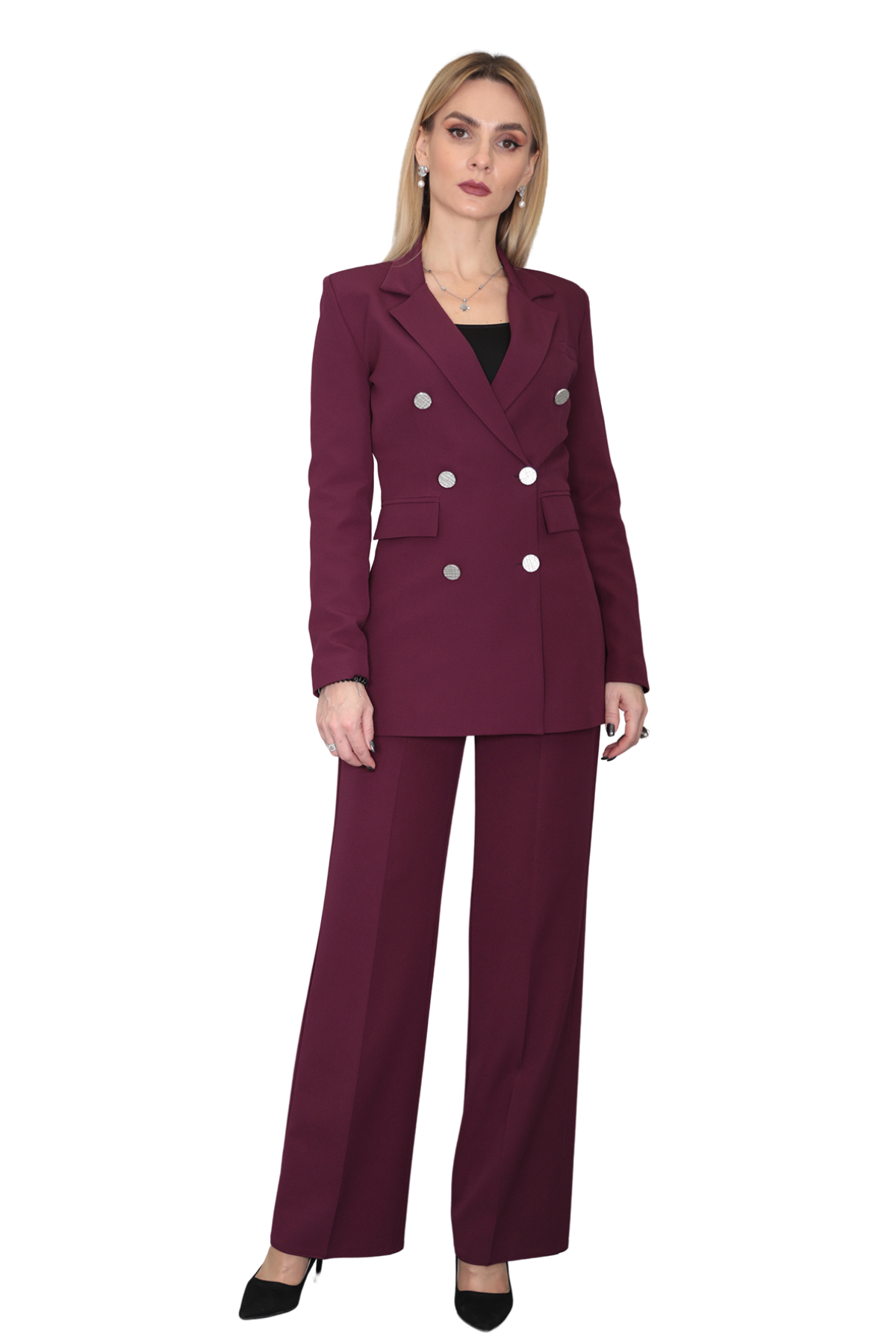 Erkek Yaka Kuruvaze Blazer Ceket & Bol Paça Pantolon-Mürdüm