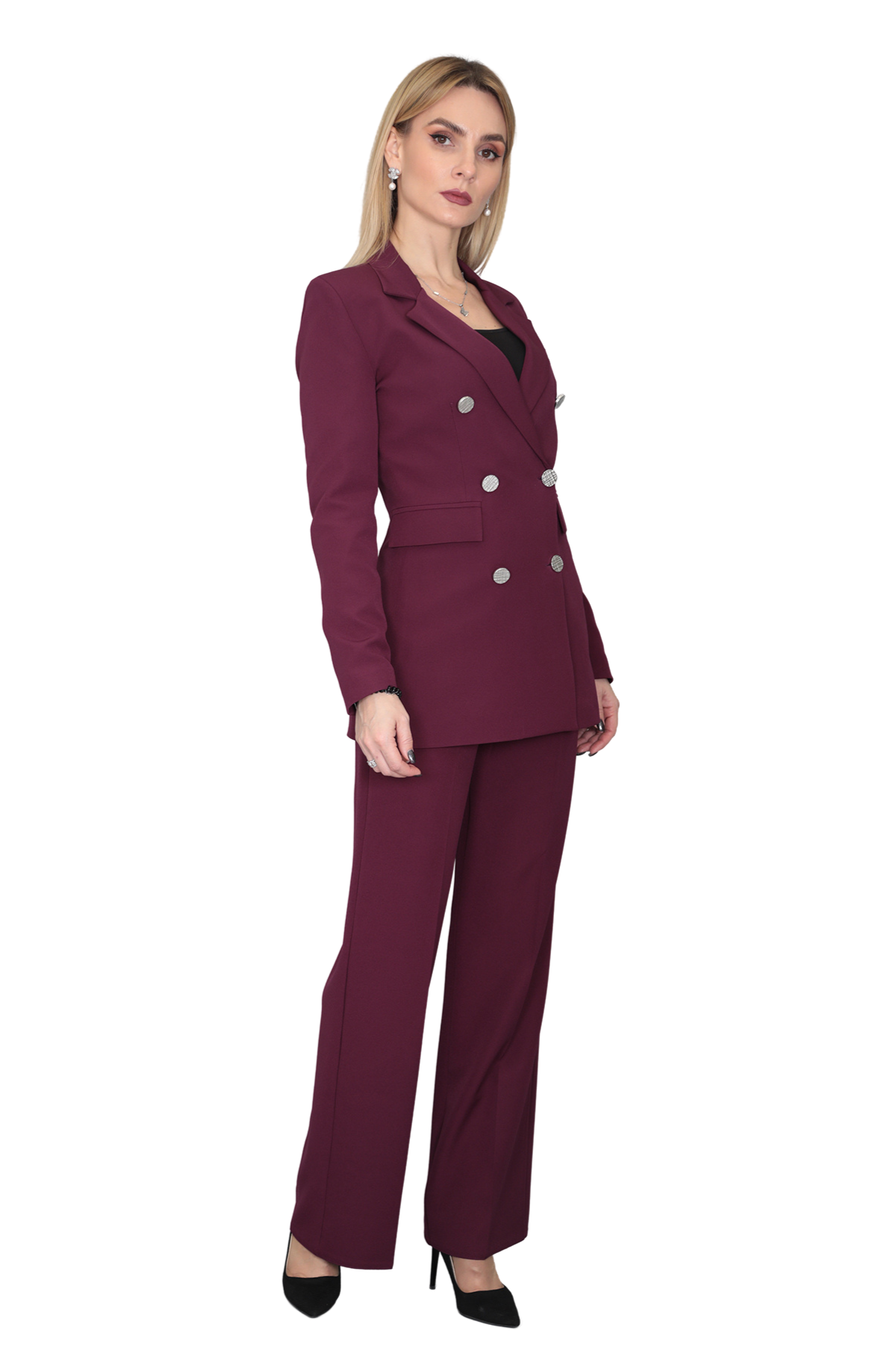 Erkek Yaka Kuruvaze Blazer Ceket & Bol Paça Pantolon-Mürdüm