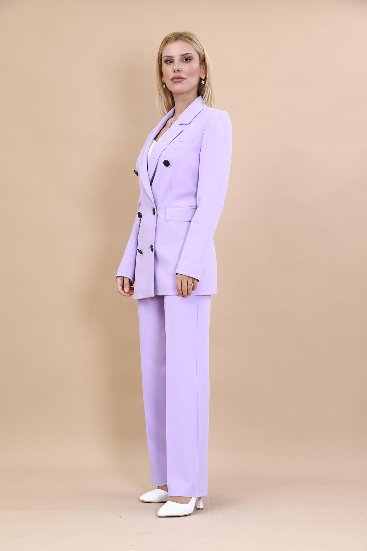 Erkek Yaka Kuruvaze Blazer Ceket & Bol Paça Pantolon-Menekşe