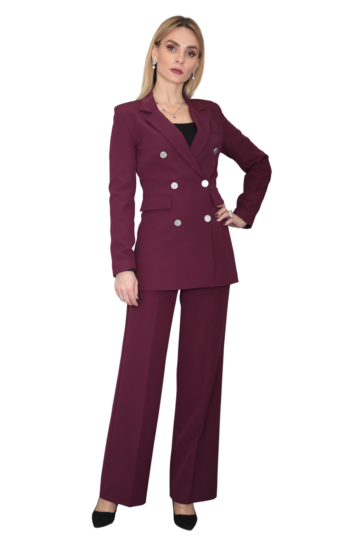 Erkek Yaka Kuruvaze Blazer Ceket & Bol Paça Pantolon-Mürdüm