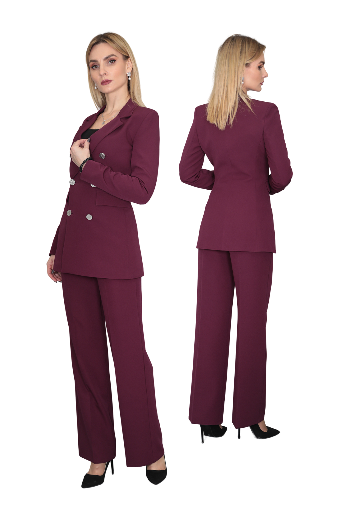 Erkek Yaka Kuruvaze Blazer Ceket & Bol Paça Pantolon-Mürdüm