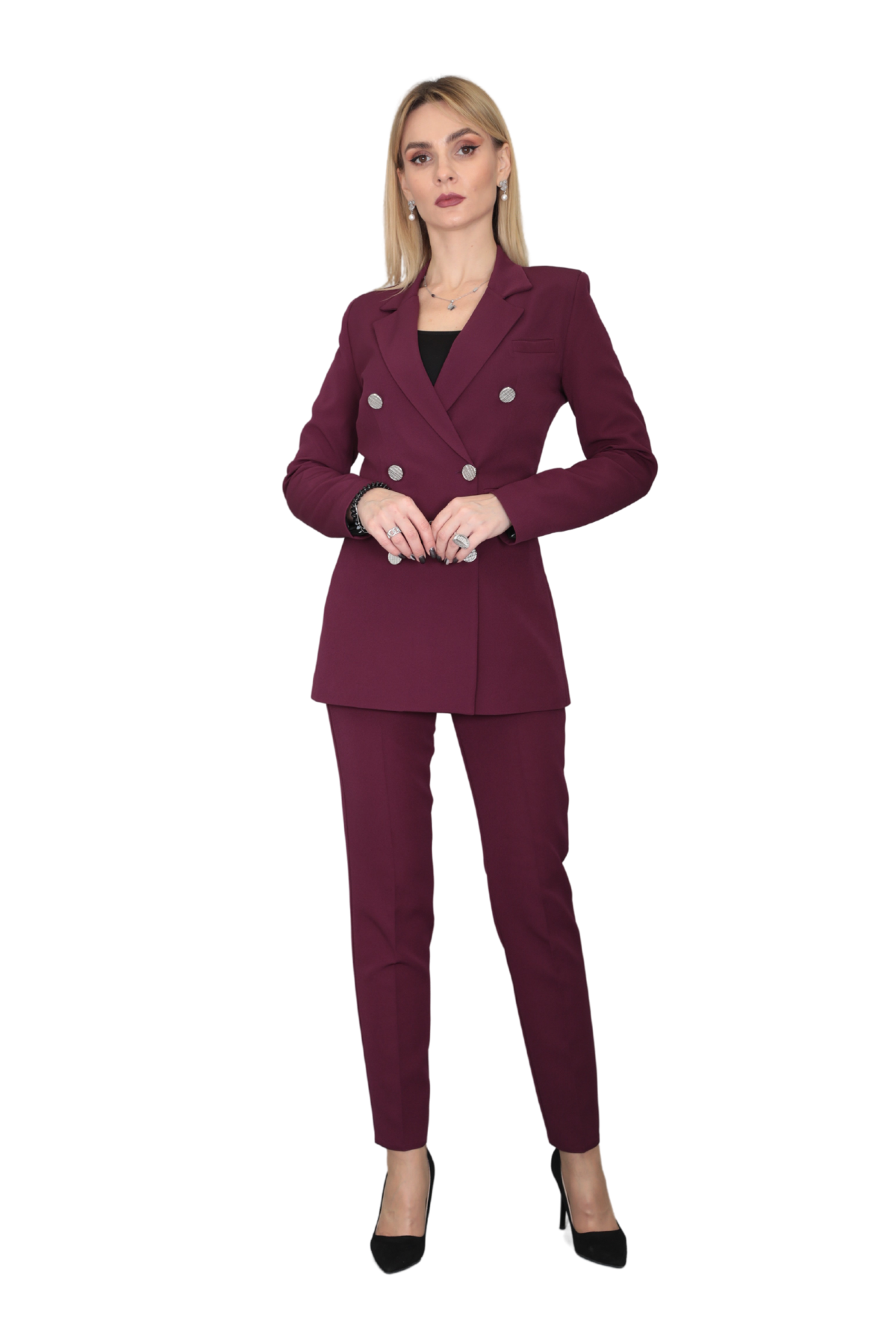 Erkek Yaka Kuruvaze Blazer Ceket & Dar Paça Pantolon-Mürdüm
