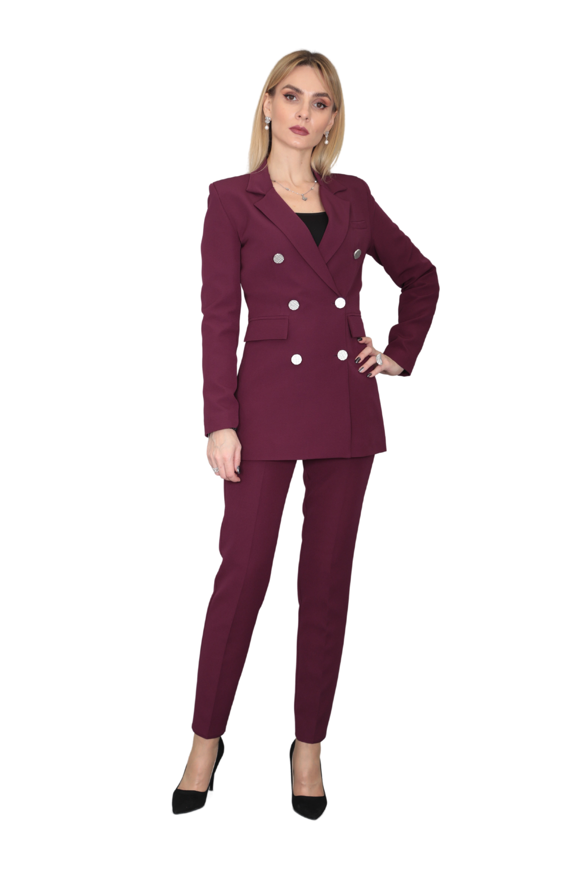 Erkek Yaka Kuruvaze Blazer Ceket & Dar Paça Pantolon-Mürdüm