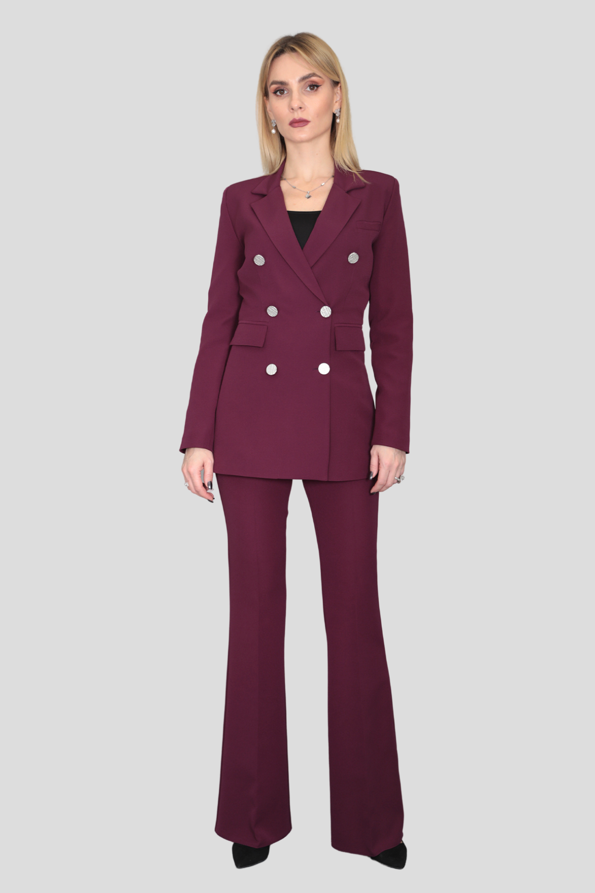 Erkek Yaka Kruvaze Blazer Ceket & İspanyol Paça Pantolon-Mürdüm - 1034530