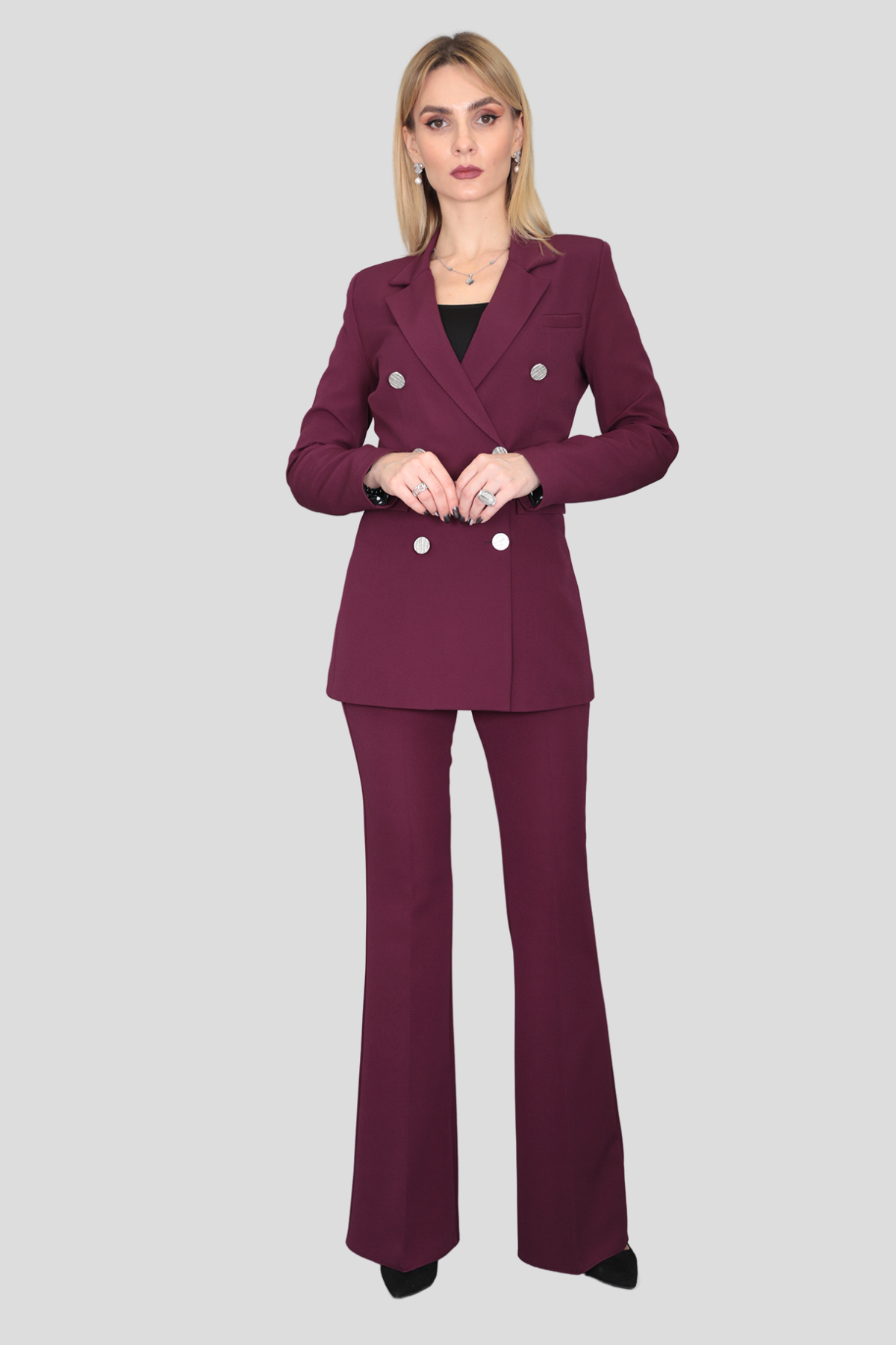 Erkek Yaka Kruvaze Blazer Ceket & İspanyol Paça Pantolon-Mürdüm - 1034530