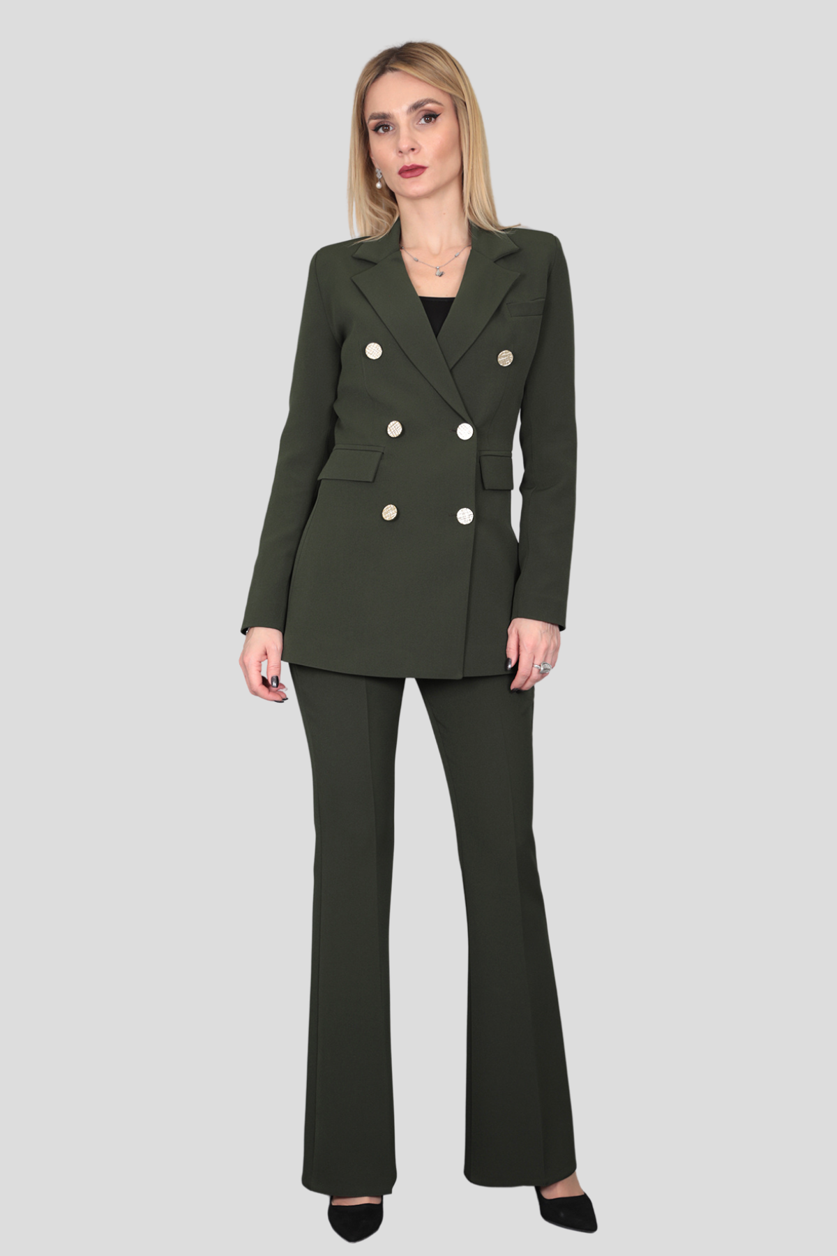 Erkek Yaka Kuruvaze Blazer Ceket & İspanyol Paça Pantolon-Haki