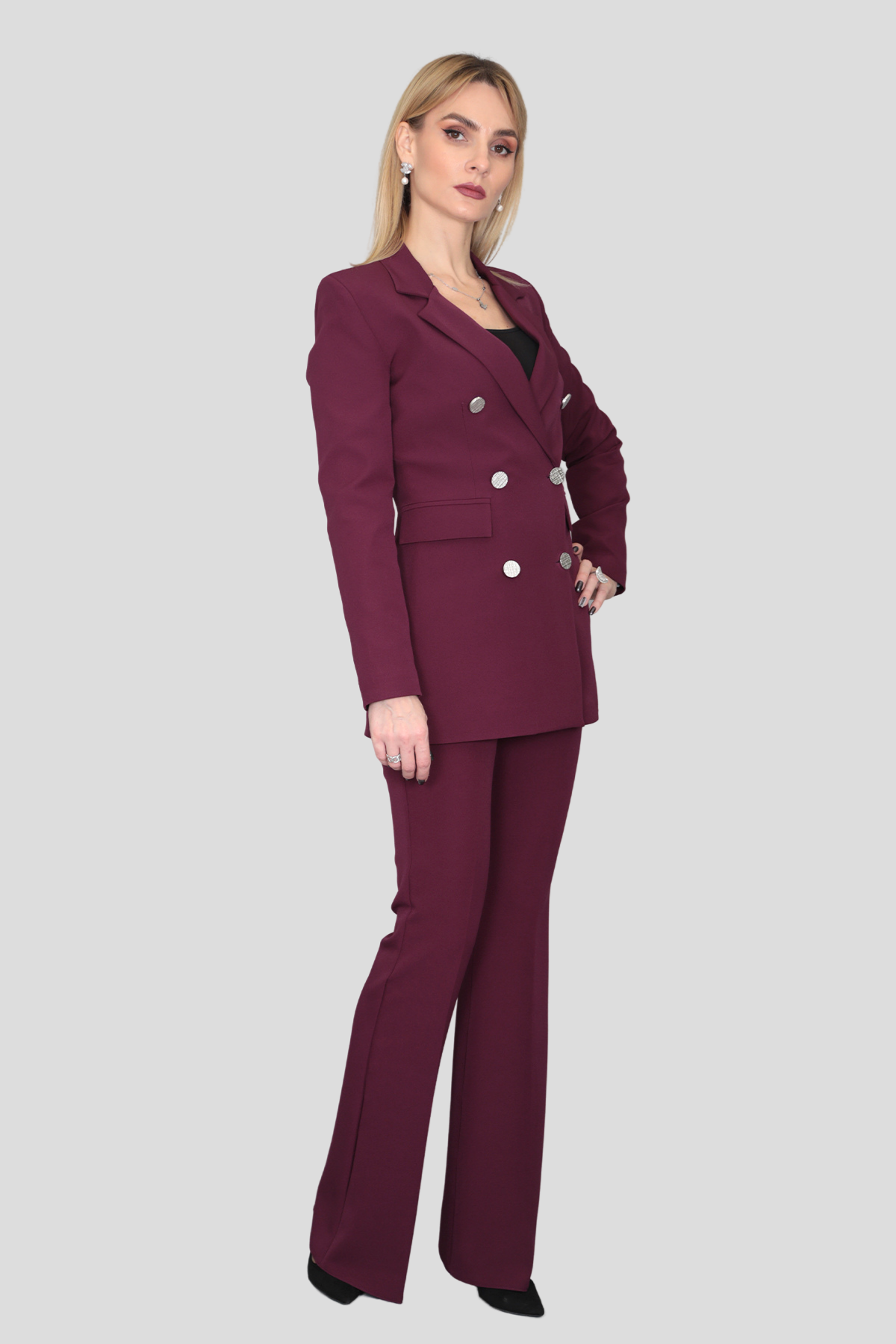 Erkek Yaka Kruvaze Blazer Ceket & İspanyol Paça Pantolon-Mürdüm - 1034530