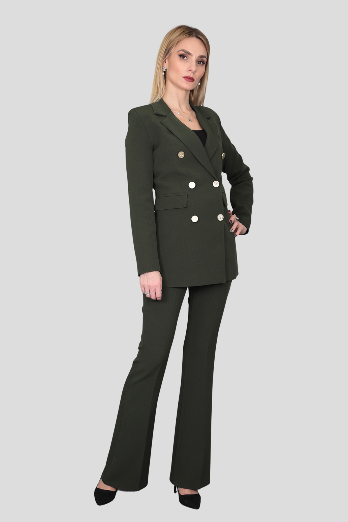 Erkek Yaka Kuruvaze Blazer Ceket & İspanyol Paça Pantolon-Haki