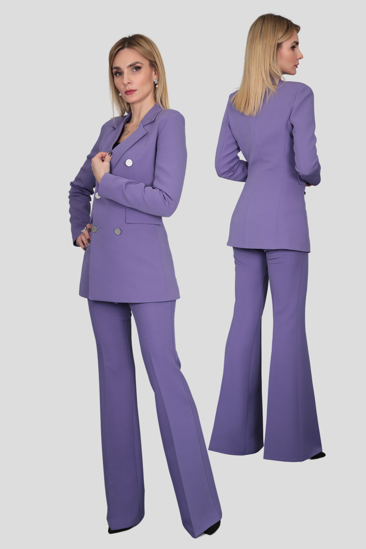 Erkek Yaka Kuruvaze Blazer Ceket & İspanyol Paça Pantolon-Lila