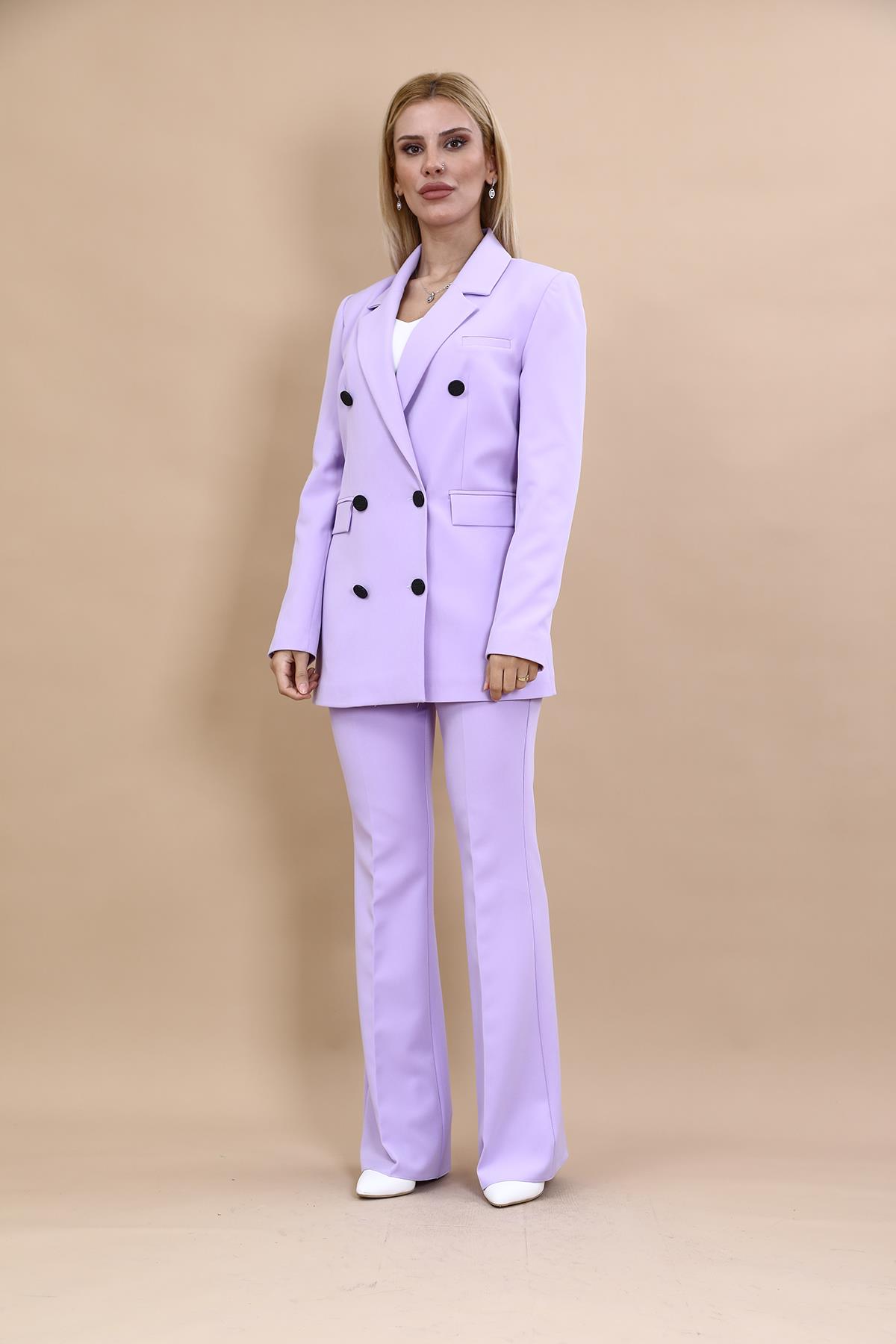 Erkek Yaka Kuruvaze Blazer Ceket & İspanyol Paça Pantolon-Menekşe