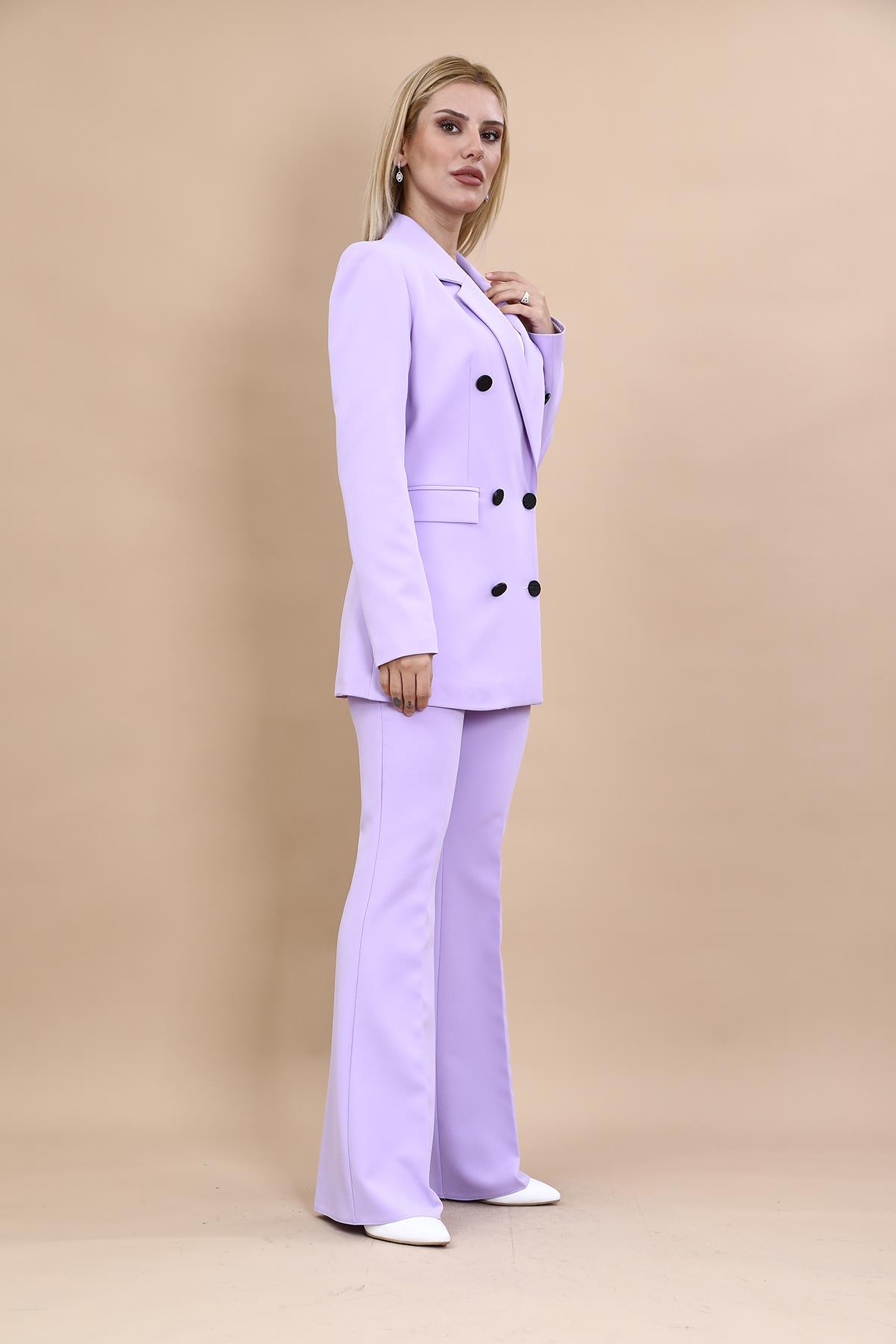 Erkek Yaka Kuruvaze Blazer Ceket & İspanyol Paça Pantolon-Menekşe