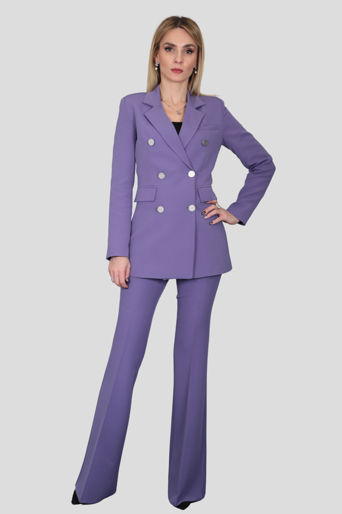Erkek Yaka Kuruvaze Blazer Ceket & İspanyol Paça Pantolon-Lila