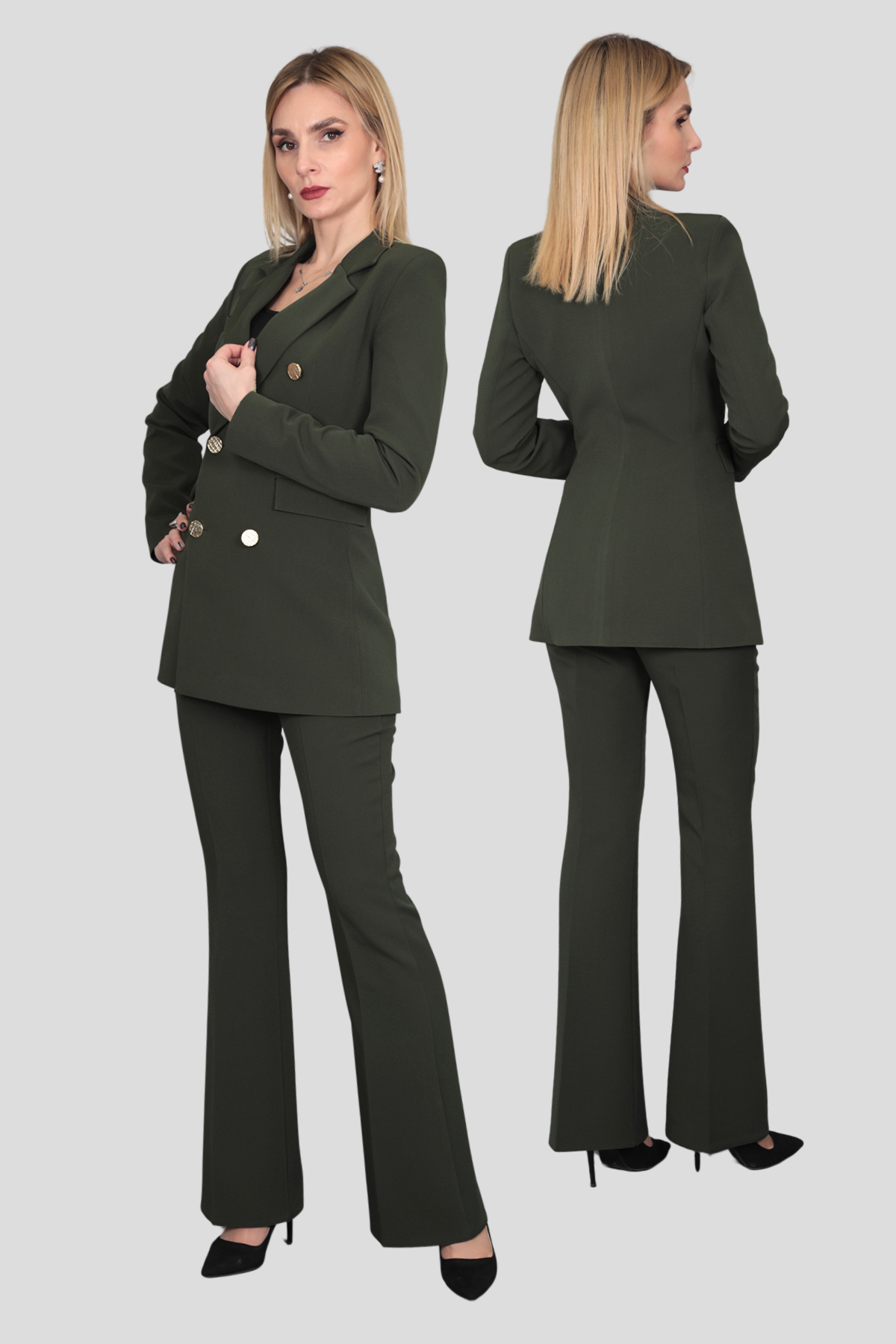 Erkek Yaka Kuruvaze Blazer Ceket & İspanyol Paça Pantolon-Haki
