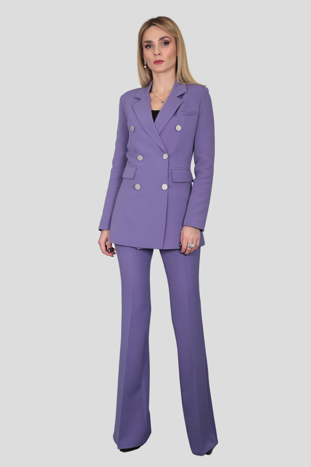 Erkek Yaka Kuruvaze Blazer Ceket & İspanyol Paça Pantolon-Lila
