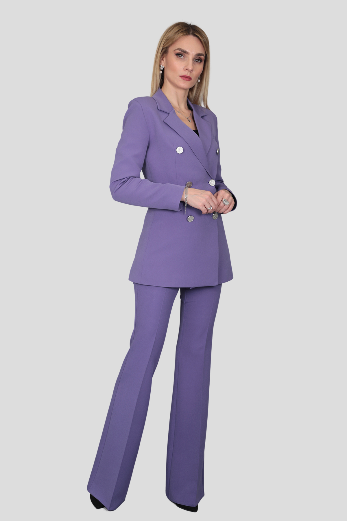 Erkek Yaka Kuruvaze Blazer Ceket & İspanyol Paça Pantolon-Lila