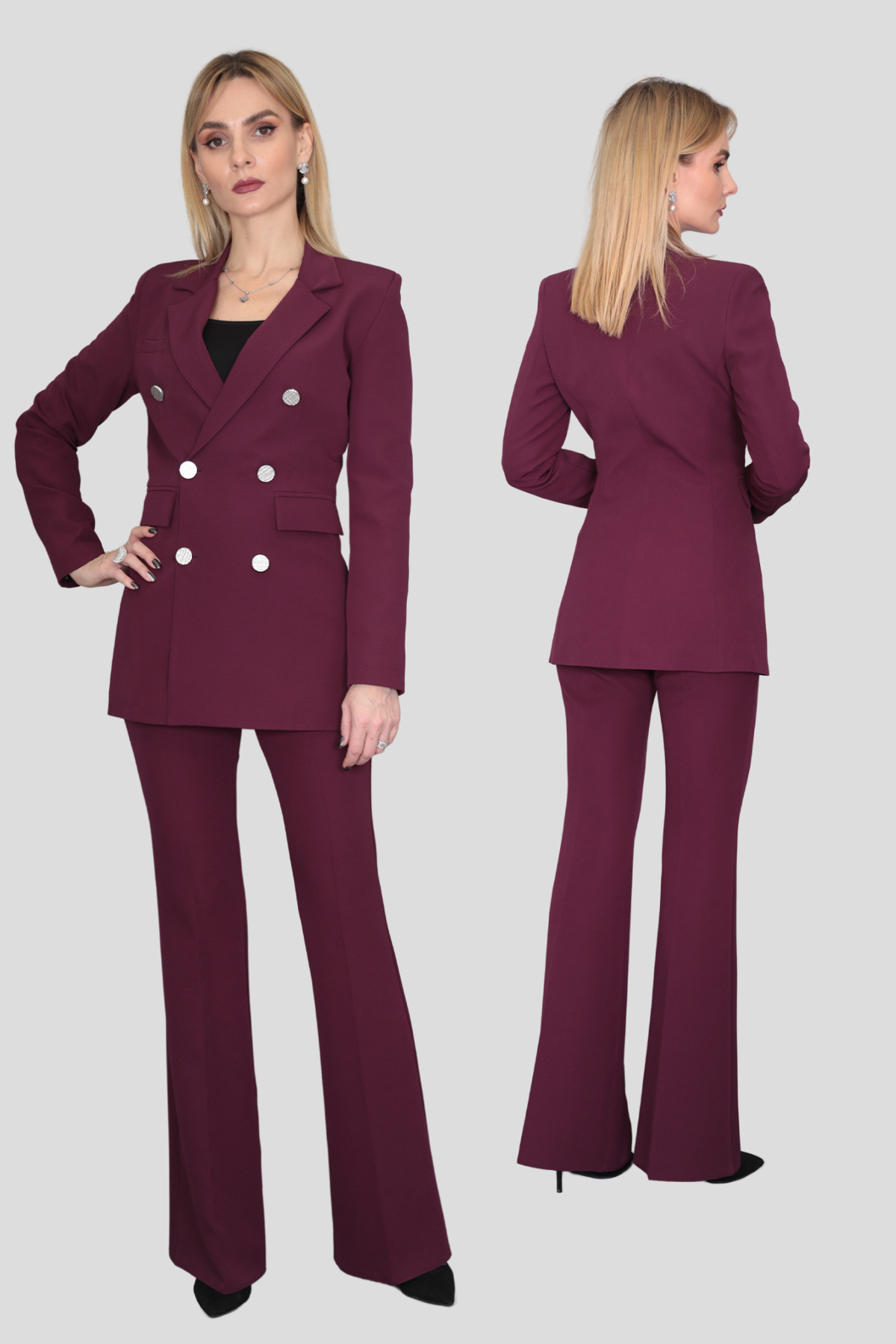 Erkek Yaka Kruvaze Blazer Ceket & İspanyol Paça Pantolon-Mürdüm - 1034530
