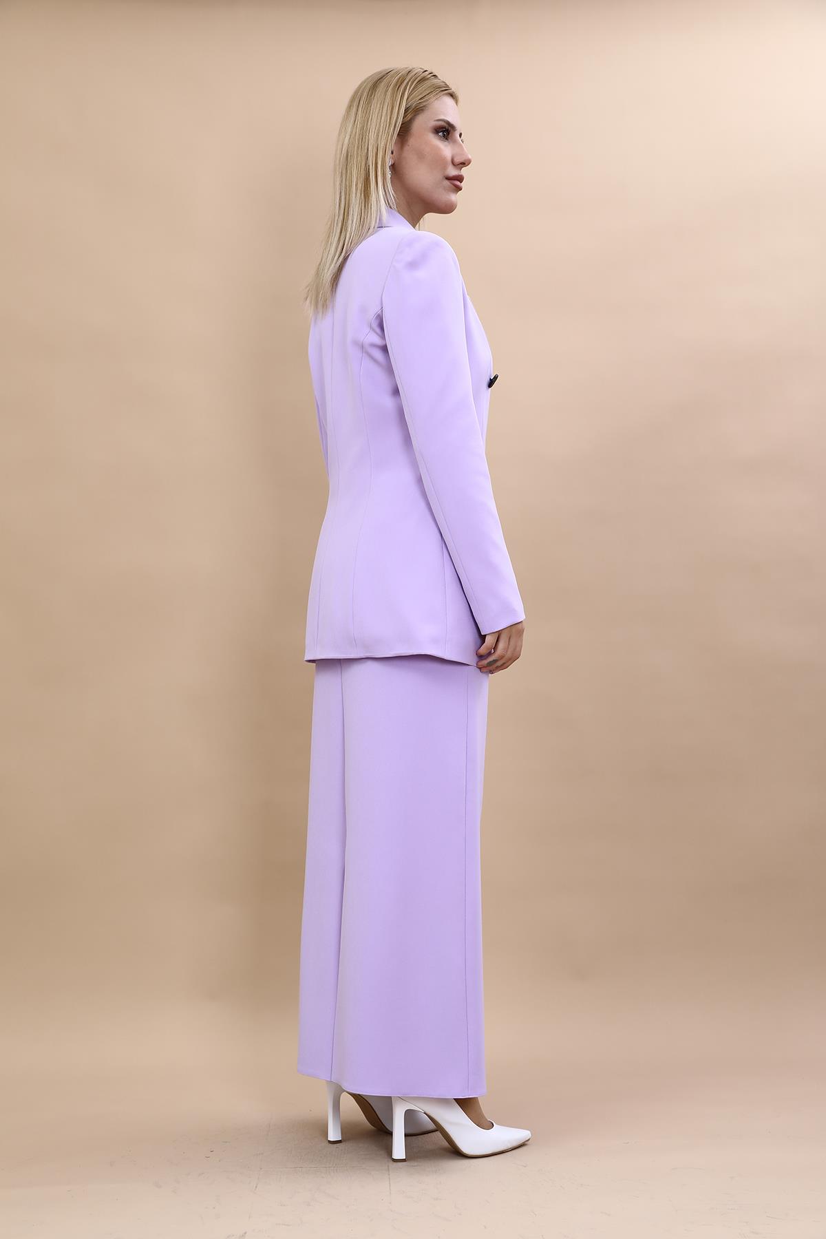 Erkek Yaka Kuruvaze Blazer Ceket & Uzun Düz Dar Etek-Menekşe