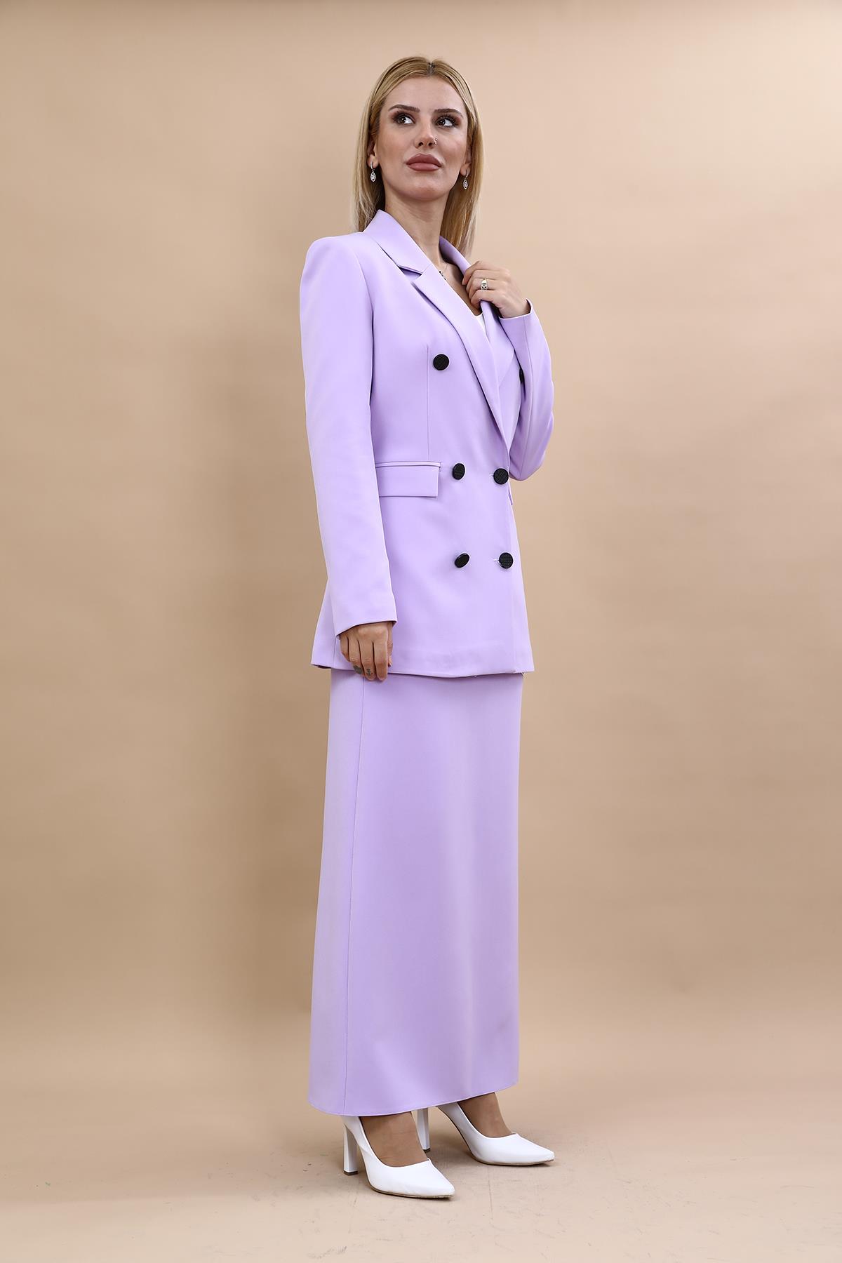 Erkek Yaka Kuruvaze Blazer Ceket & Uzun Düz Dar Etek-Menekşe