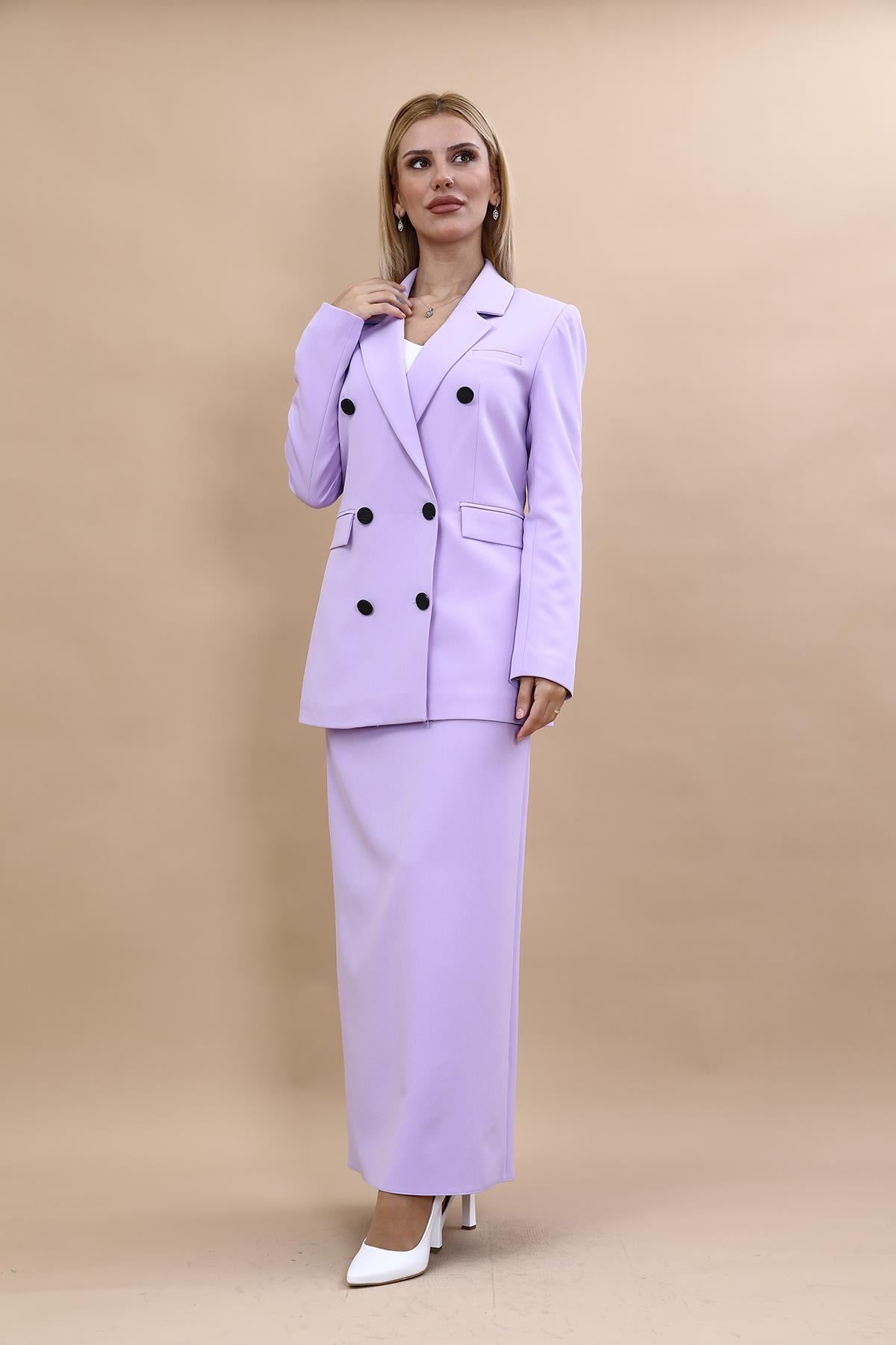 Erkek Yaka Kuruvaze Blazer Ceket & Uzun Düz Dar Etek-Menekşe