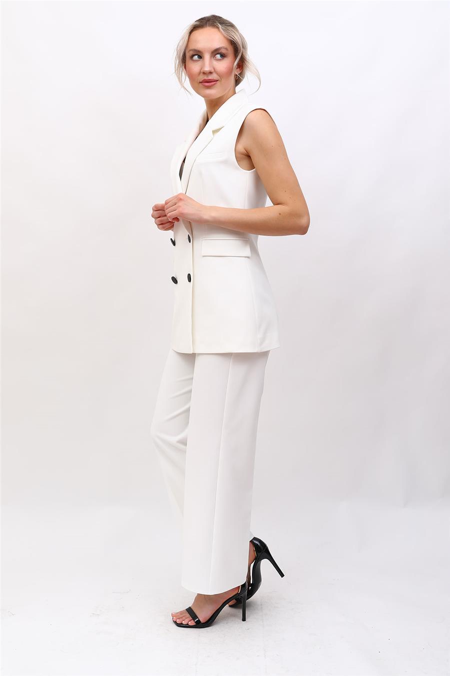 Blazer Yelek & Bol Paça Pantolon-Beyaz - 1523520