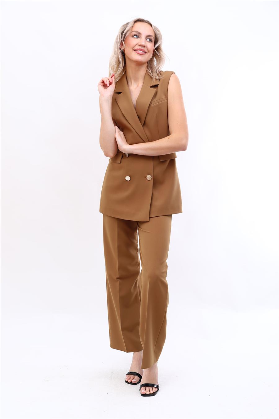Blazer  Yelek & Bol Paça Pantolon-Camel