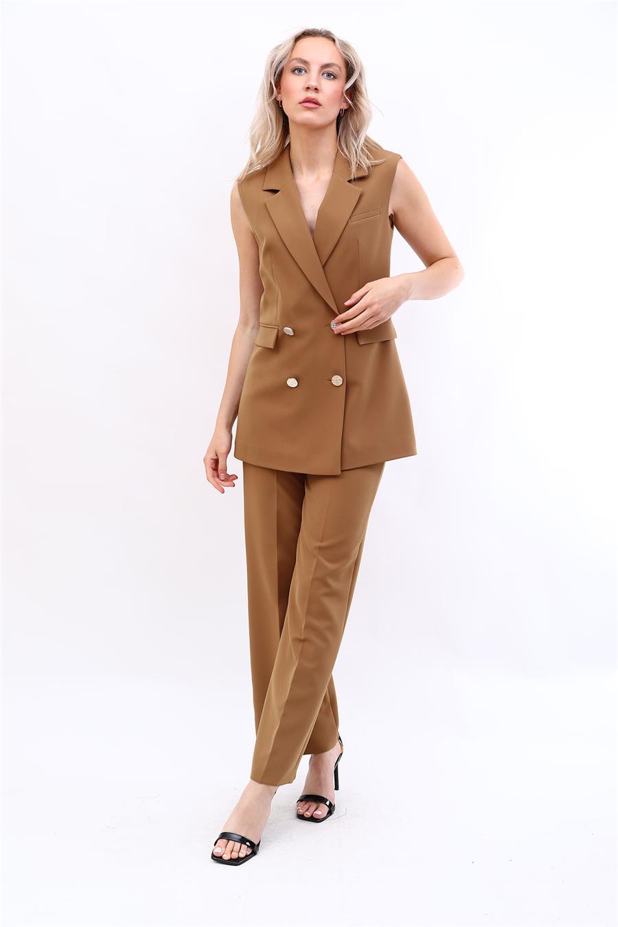 Blazer  Yelek & Bol Paça Pantolon-Camel