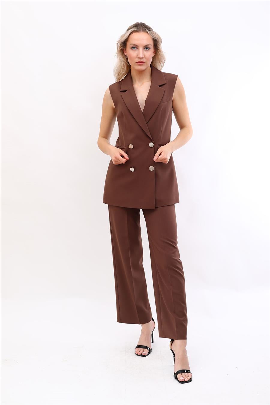 Blazer  Yelek & Bol Paça Pantolon-Kestane - 1523520