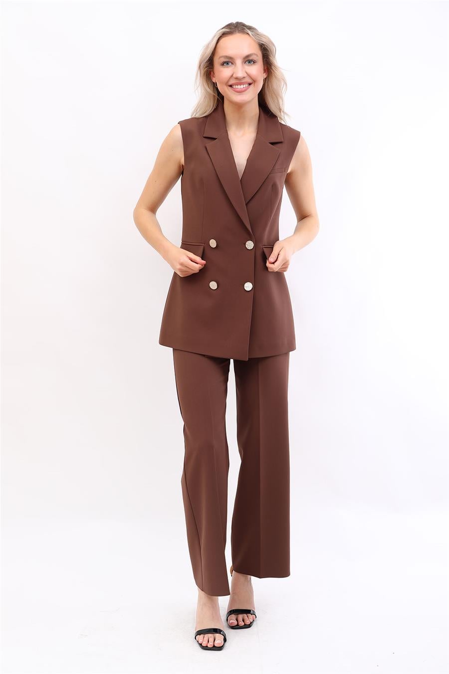 Blazer  Yelek & Bol Paça Pantolon-Kestane - 1523520