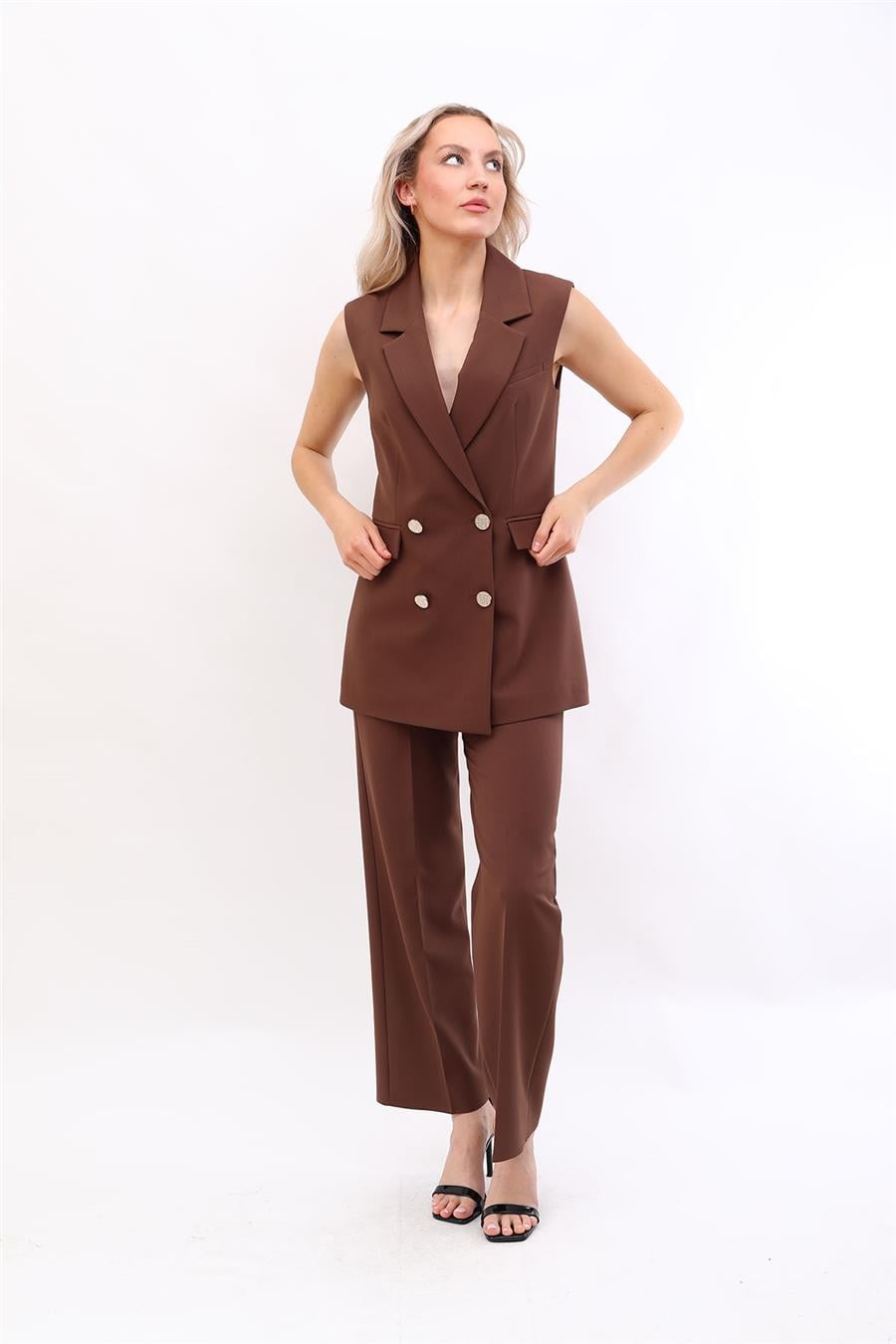 Blazer  Yelek & Bol Paça Pantolon-Kestane - 1523520