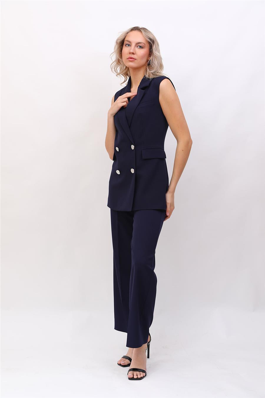 Blazer  Yelek & Bol Paça Pantolon-Lacivert - 1523520