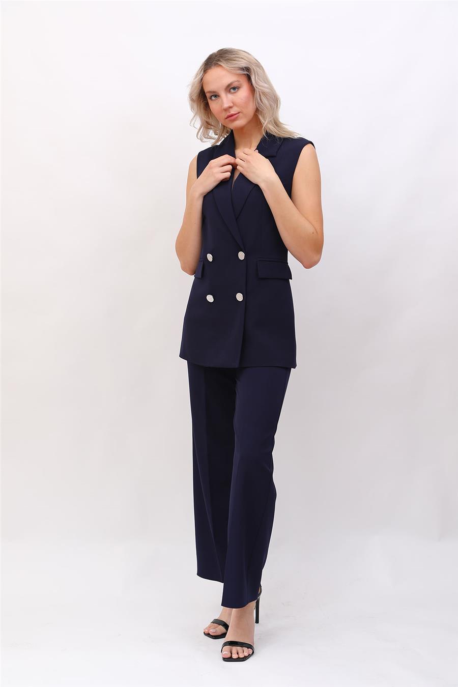 Blazer  Yelek & Bol Paça Pantolon-Lacivert - 1523520