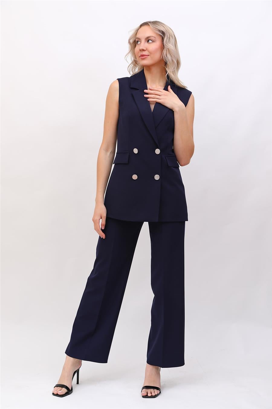 Blazer  Yelek & Bol Paça Pantolon-Lacivert - 1523520